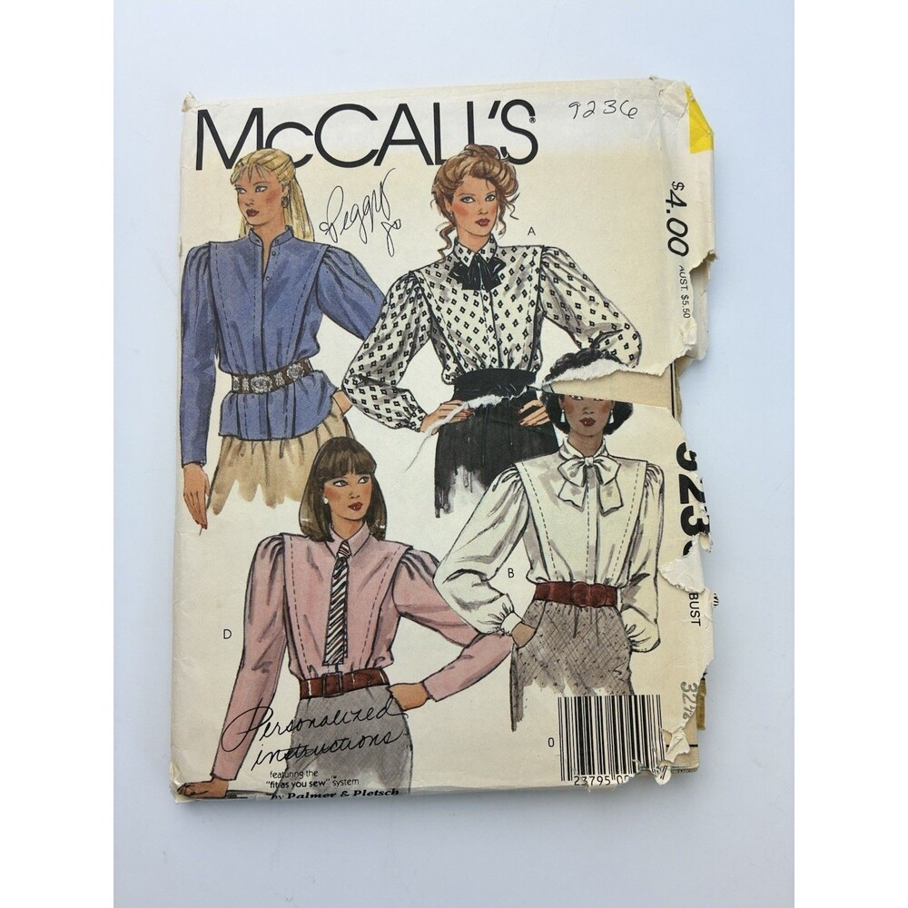 Blouse Tie Collar Buttons Uncut Pattern 9236 Size 10 Vtg 80s Chic Office